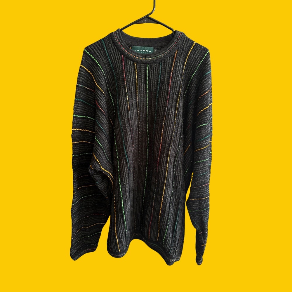 Tundra Canada‎ Knit Sweater Mens XXL Black Multi Color Vertical Stripe 90s Coogi